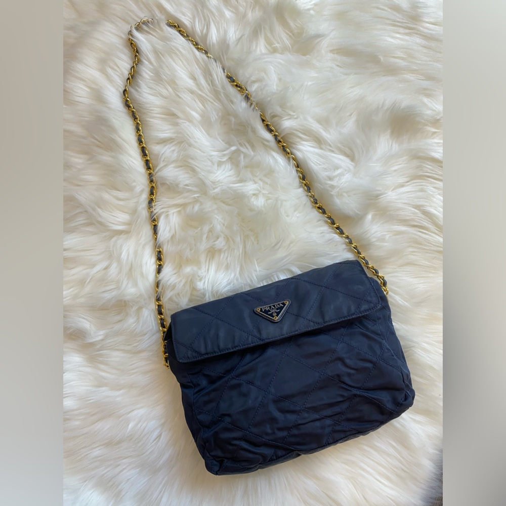 Authentic vintage Prada dark blue nylon tessuto impuntu shoulder bag with chain